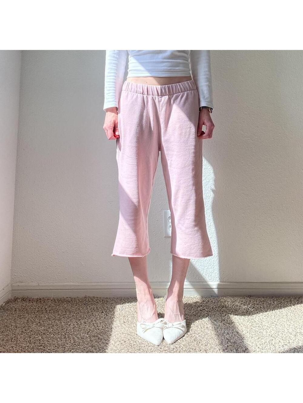 Low rise wide leg flare cropped light pink sweat pants capris